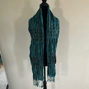Teal Striped Fringe Scarf